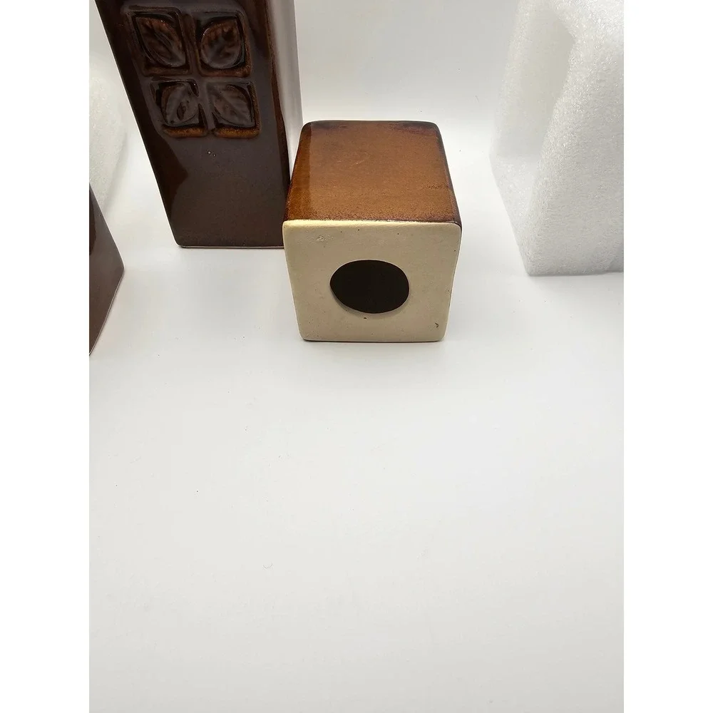 Vintage Brown Ceramic Candle Holder Set 3 Pillars and Tray Embossed Leaf Design